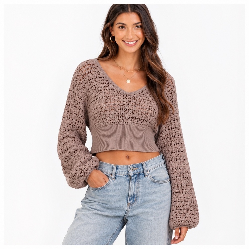 Altar'd State Crochet V-Neck Cropped Sweater Womens Size M Mauve Boho Cotton
